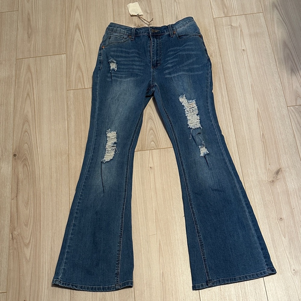 NWT Easel Distressed Flare Jeans in Blue